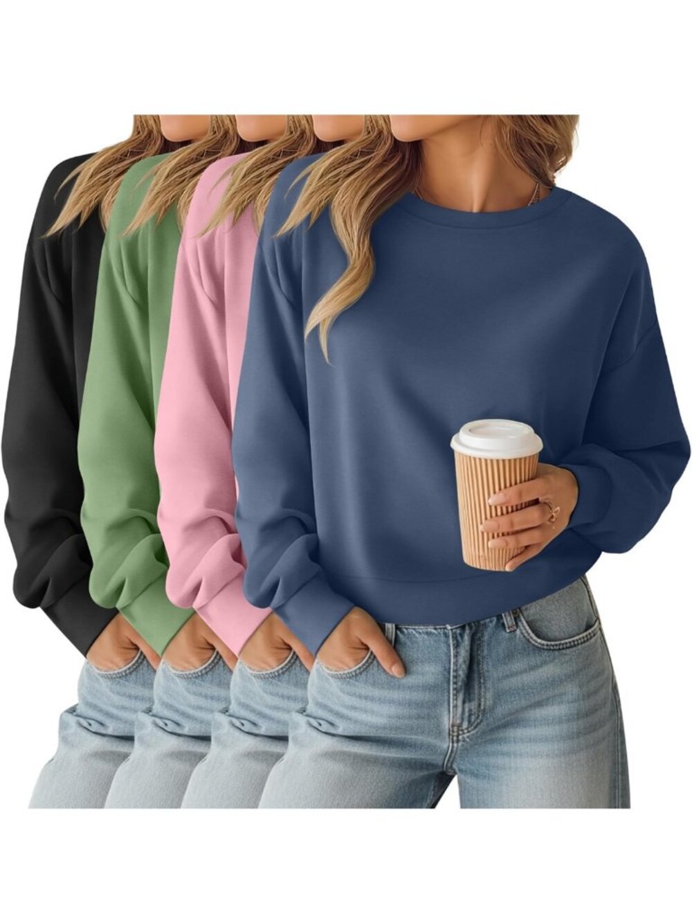 Cropped Long Sleeve Baggy Sweatshirts for Women - 4 Pack Cozy Casual Tops